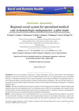 Regional Social System for Specialized Medical Care in Hematologic Malignancies: a Pilot Study