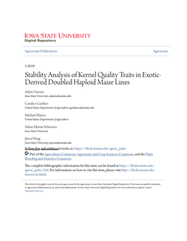 Stability Analysis of Kernel Quality Traits in Exotic-Derived Doubled Haploid Maize Lines