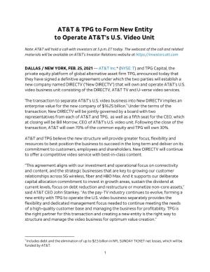 AT&T & TPG to Form New Entity to Operate AT&T's U.S. Video Unit