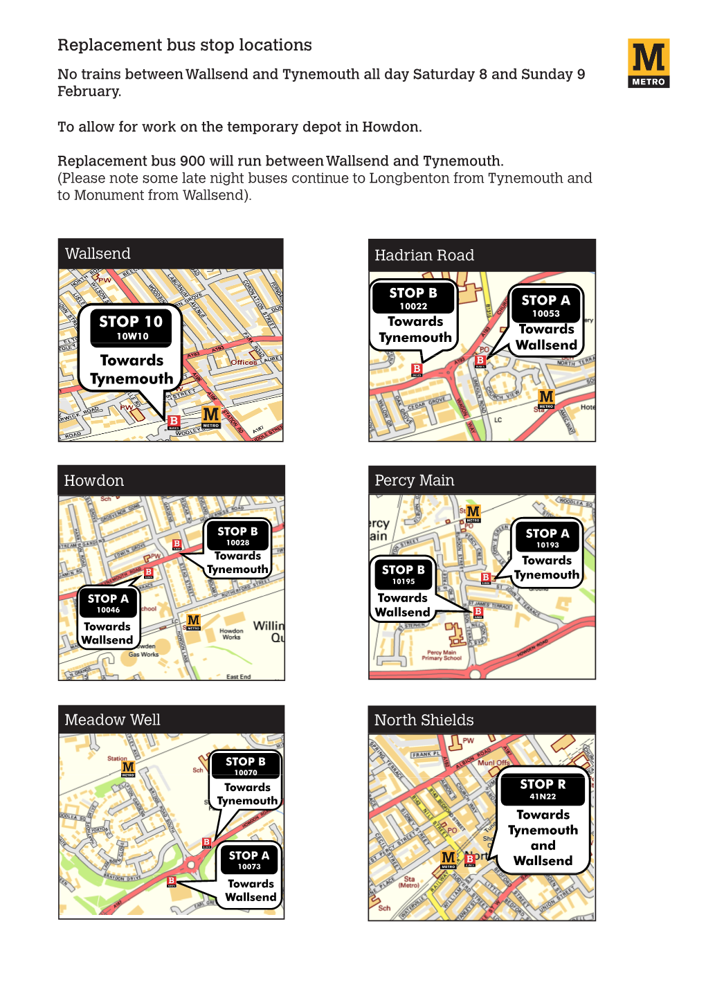 Replacement Bus Stop Locations No Trains Between Wallsend and Tynemouth All Day Saturday 8 and Sunday 9 February