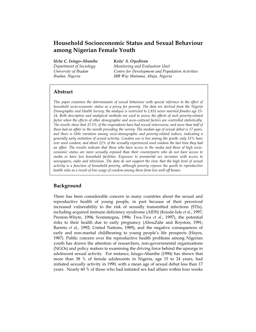 Household Socioeconomic Status and Sexual Behaviour Among Nigerian Female Youth