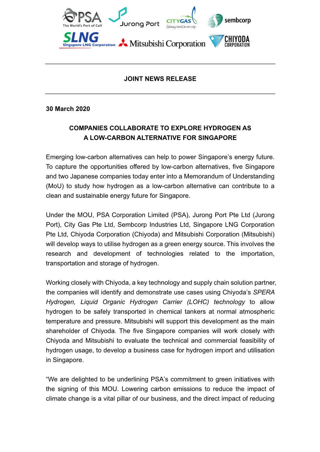 JOINT NEWS RELEASE 30 March 2020 COMPANIES COLLABORATE