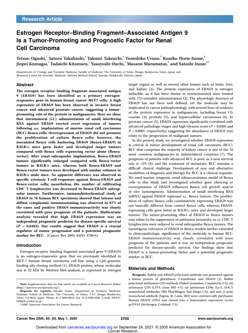 Estrogen Receptor–Binding Fragment–Associated Antigen 9 Is a Tumor-Promoting and Prognostic Factor for Renal Cell Carcinoma