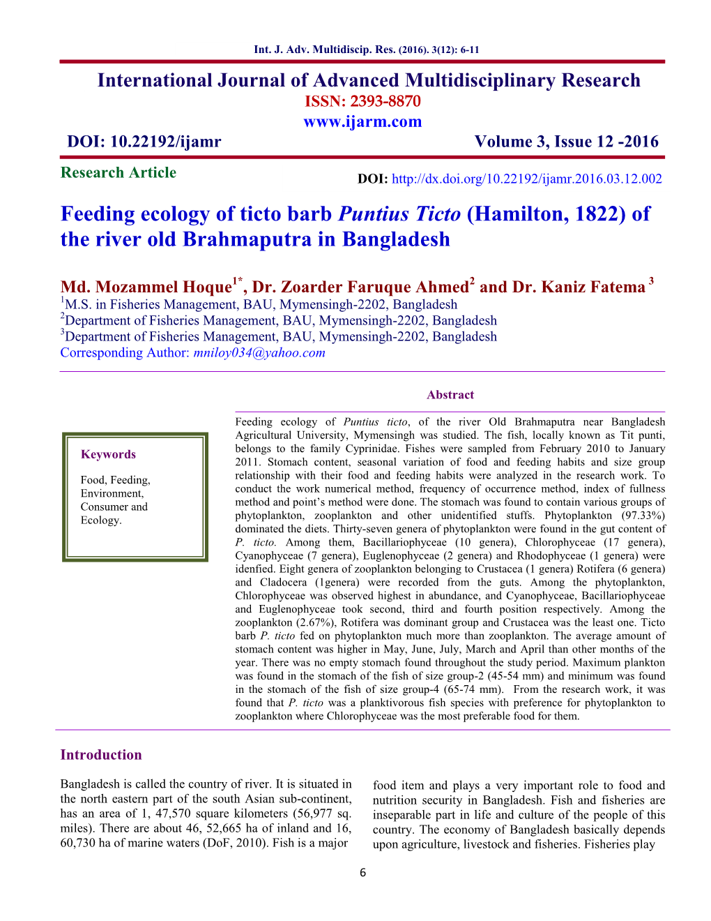 Feeding Ecology of Ticto Barb Puntius Ticto (Hamilton, 1822) of the River Old Brahmaputra in Bangladesh