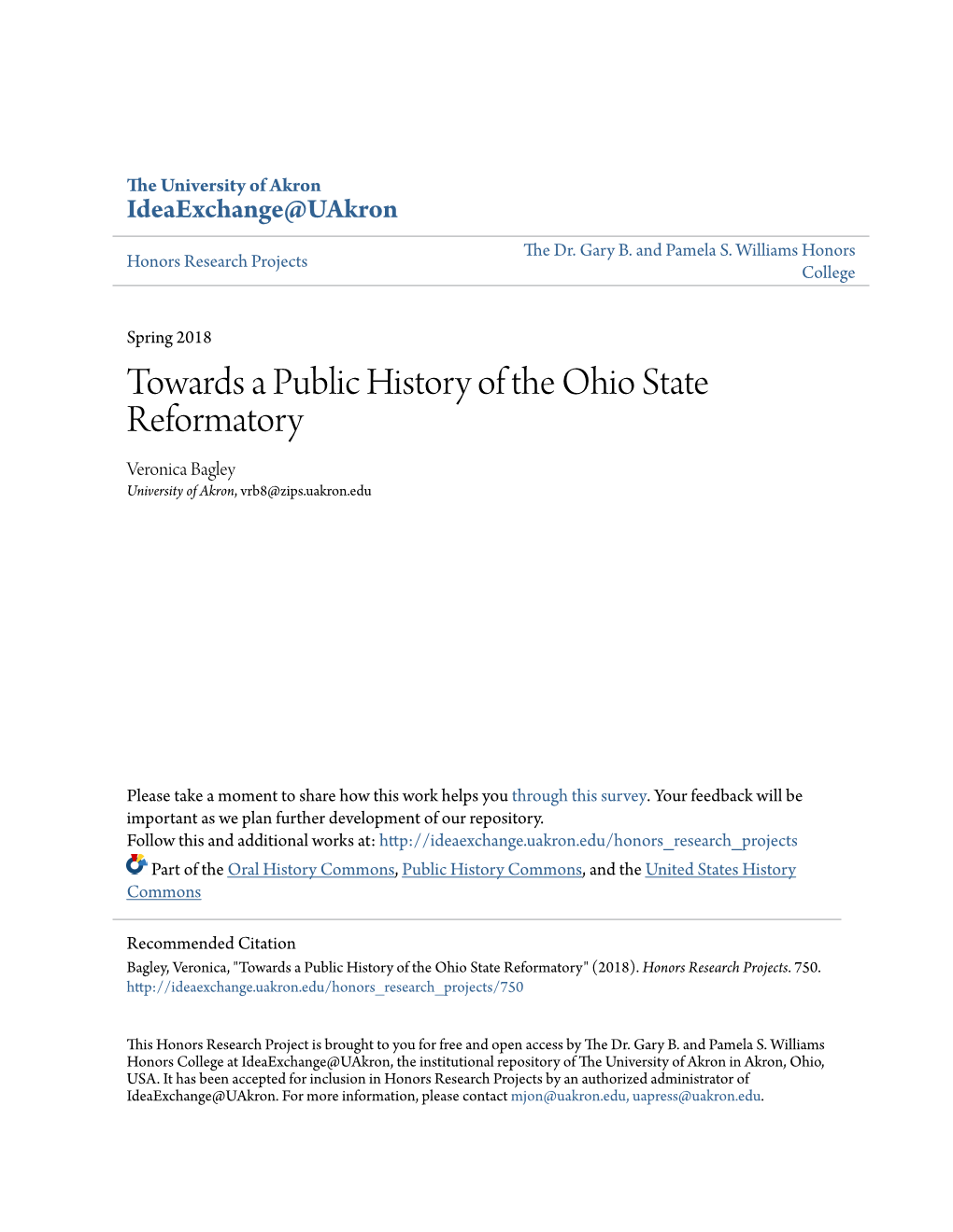 Towards a Public History of the Ohio State Reformatory Veronica Bagley University of Akron, Vrb8@Zips.Uakron.Edu