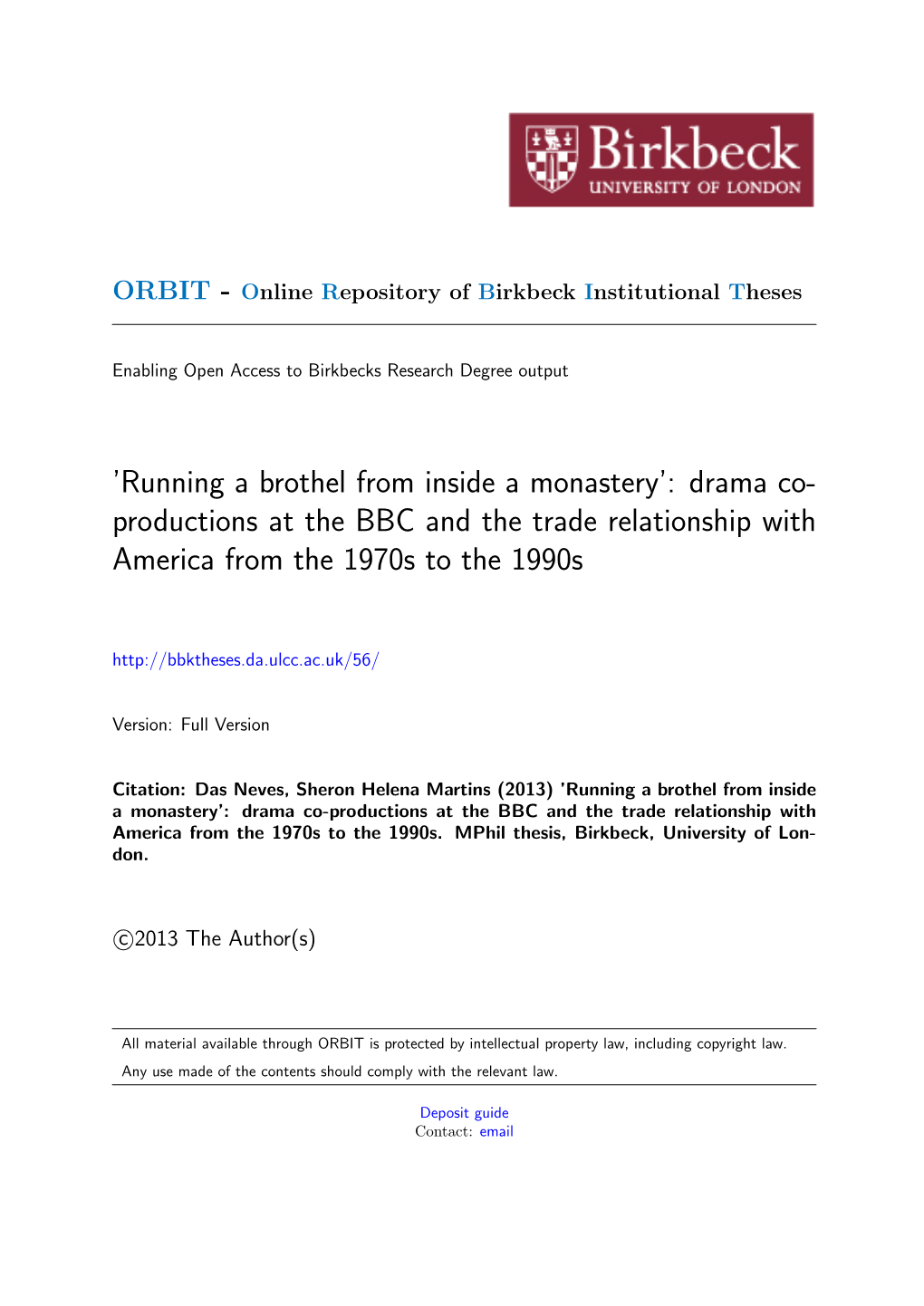 Drama Co- Productions at the BBC and the Trade Relationship with America from the 1970S to the 1990S