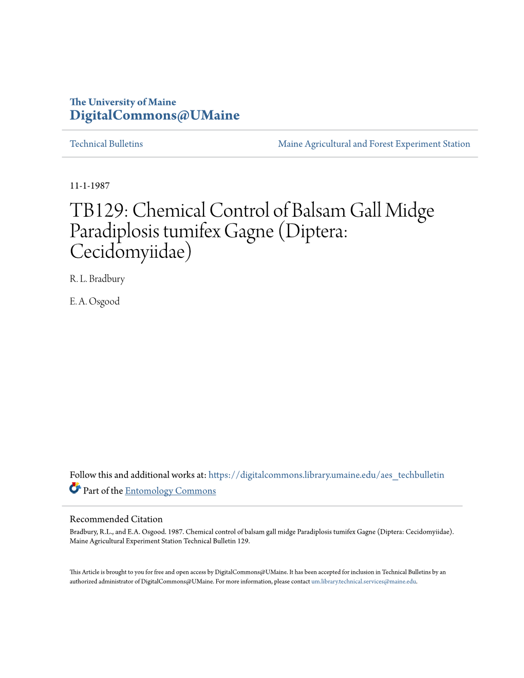 TB129: Chemical Control of Balsam Gall Midge Paradiplosis Tumifex Gagne (Diptera: Cecidomyiidae) R