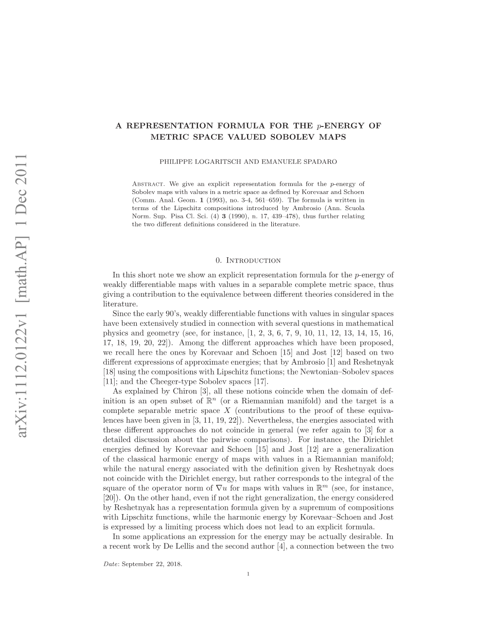 A Representation Formula for the P-Energy of Metric Space Valued