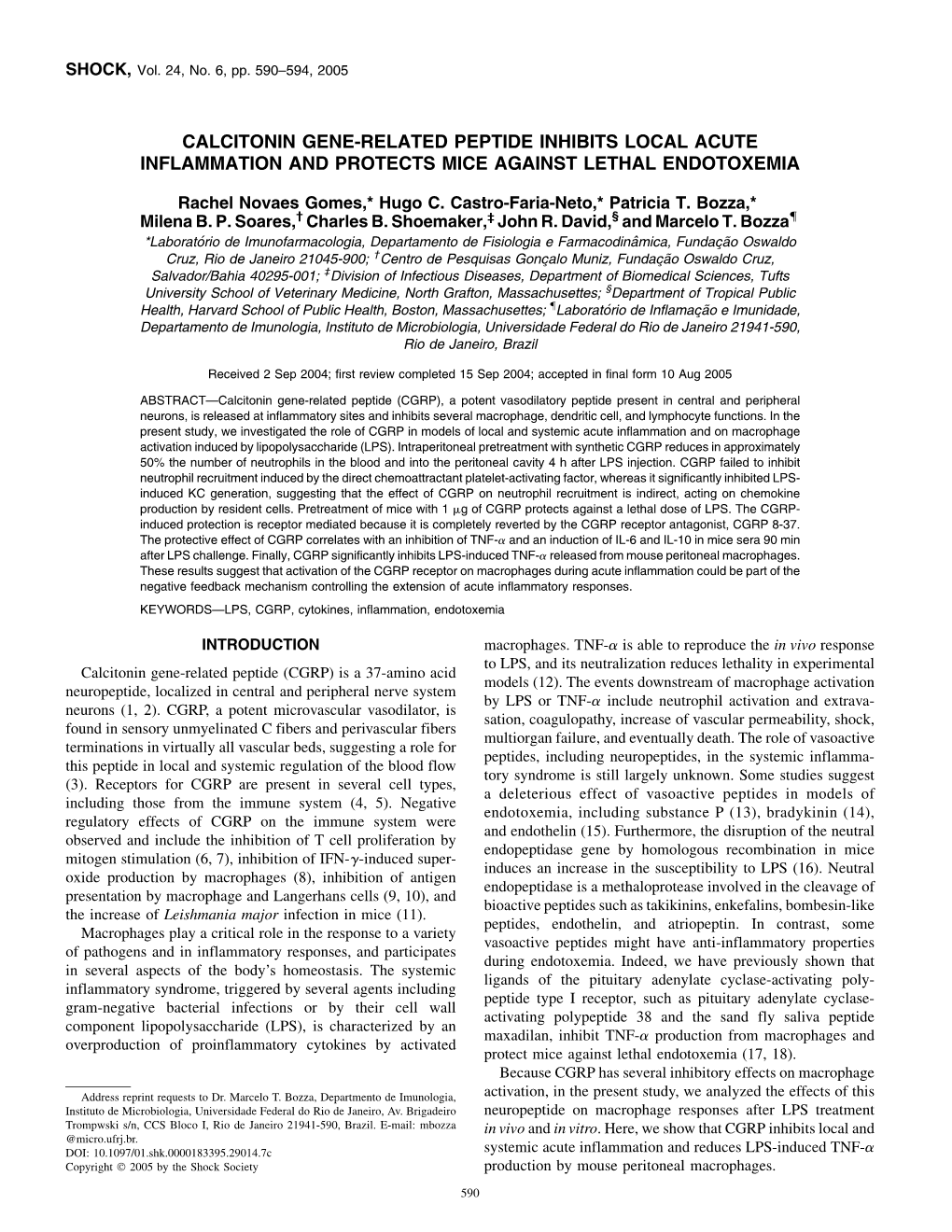 Calcitonin Gene-Related Peptide Inhibits Local Acute Inflammation and Protects Mice Against Lethal Endotoxemia