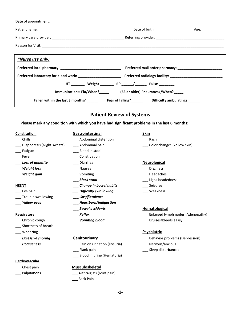 Patient Review of Systems Please Mark Any Condition with Which You Have Had Significant Problems in the Last 6 Months