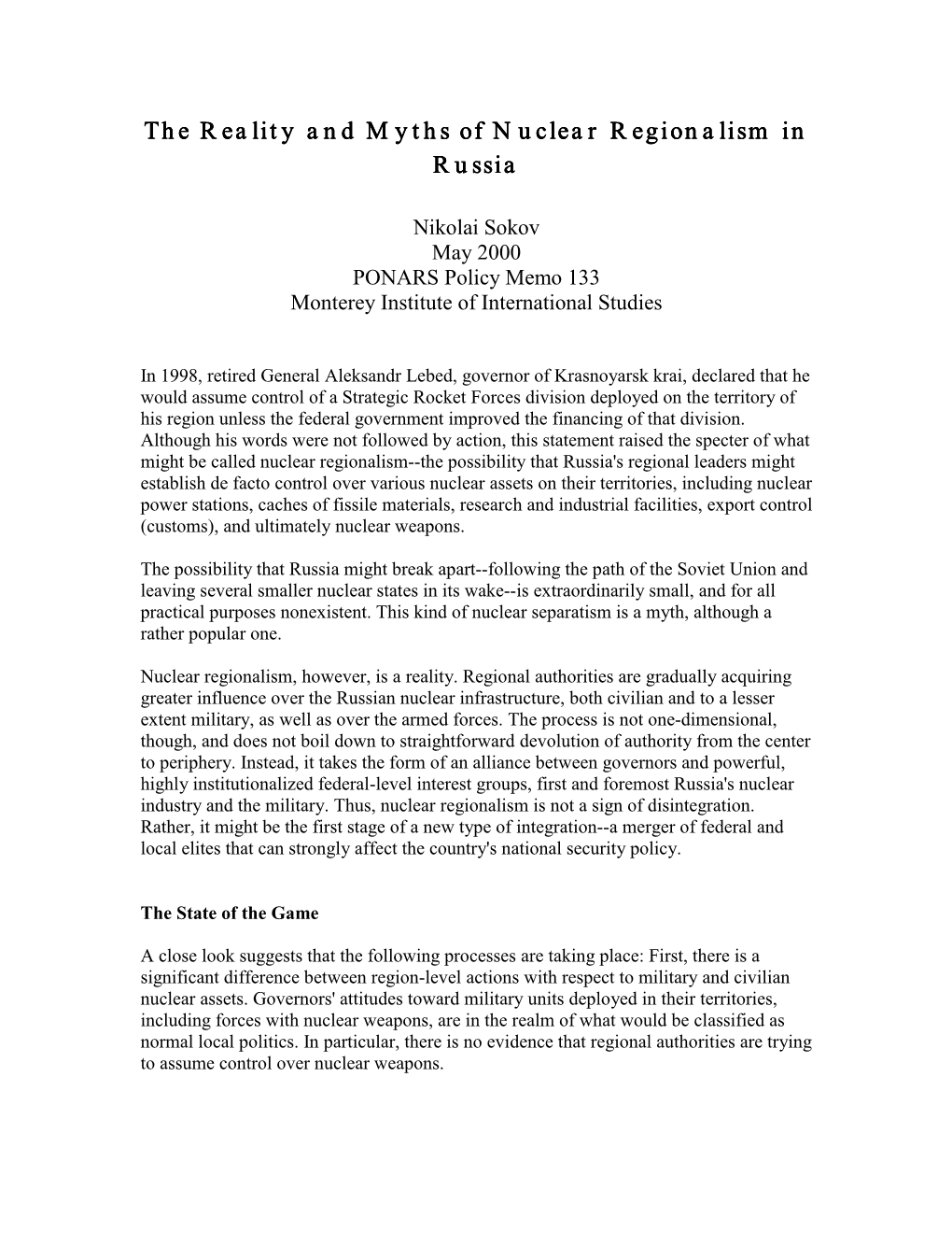 The Reality and Myths of Nuclear Regionalism in Russia