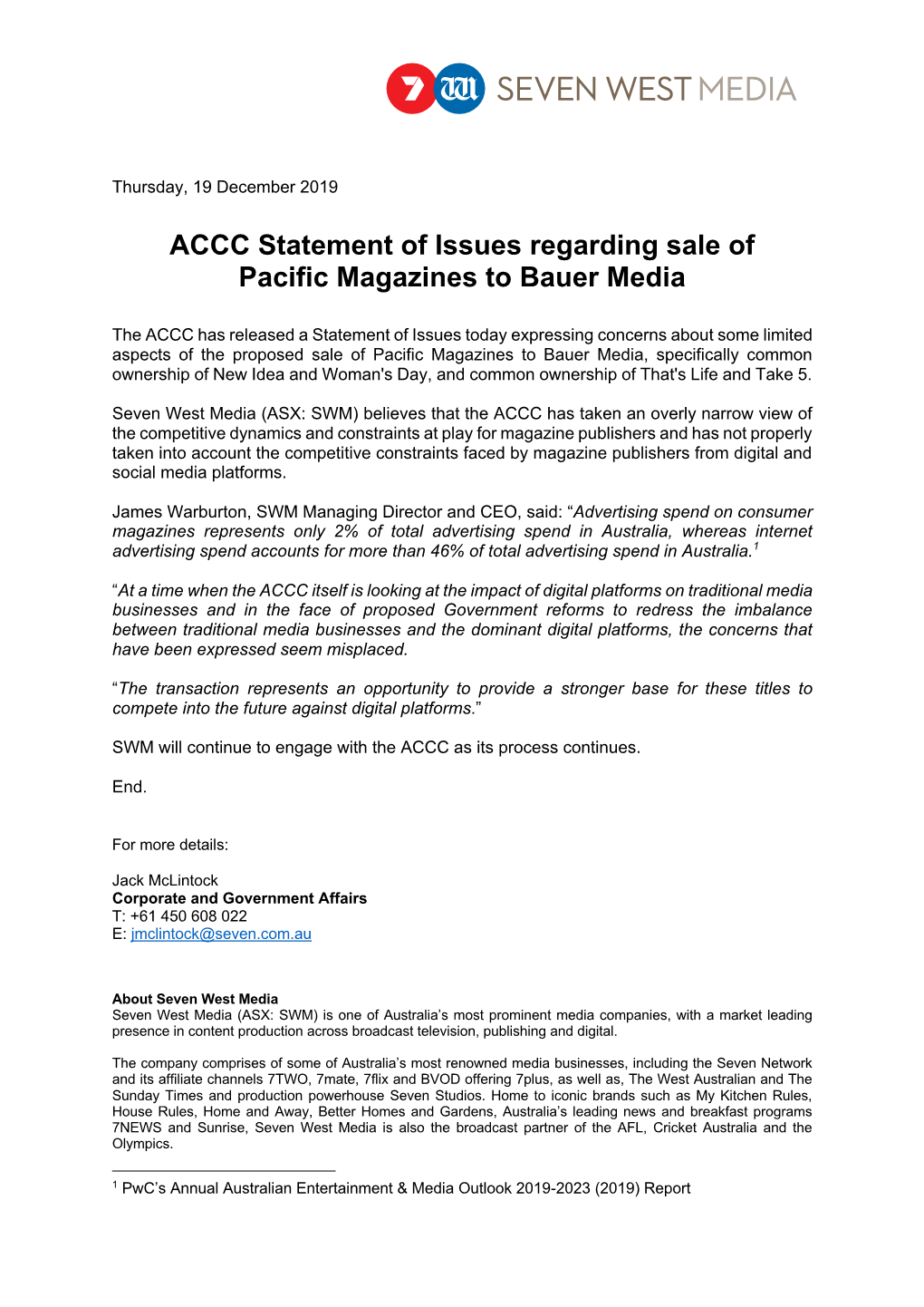 ACCC Statement of Issues Regarding Sale of Pacific Magazines to Bauer Media