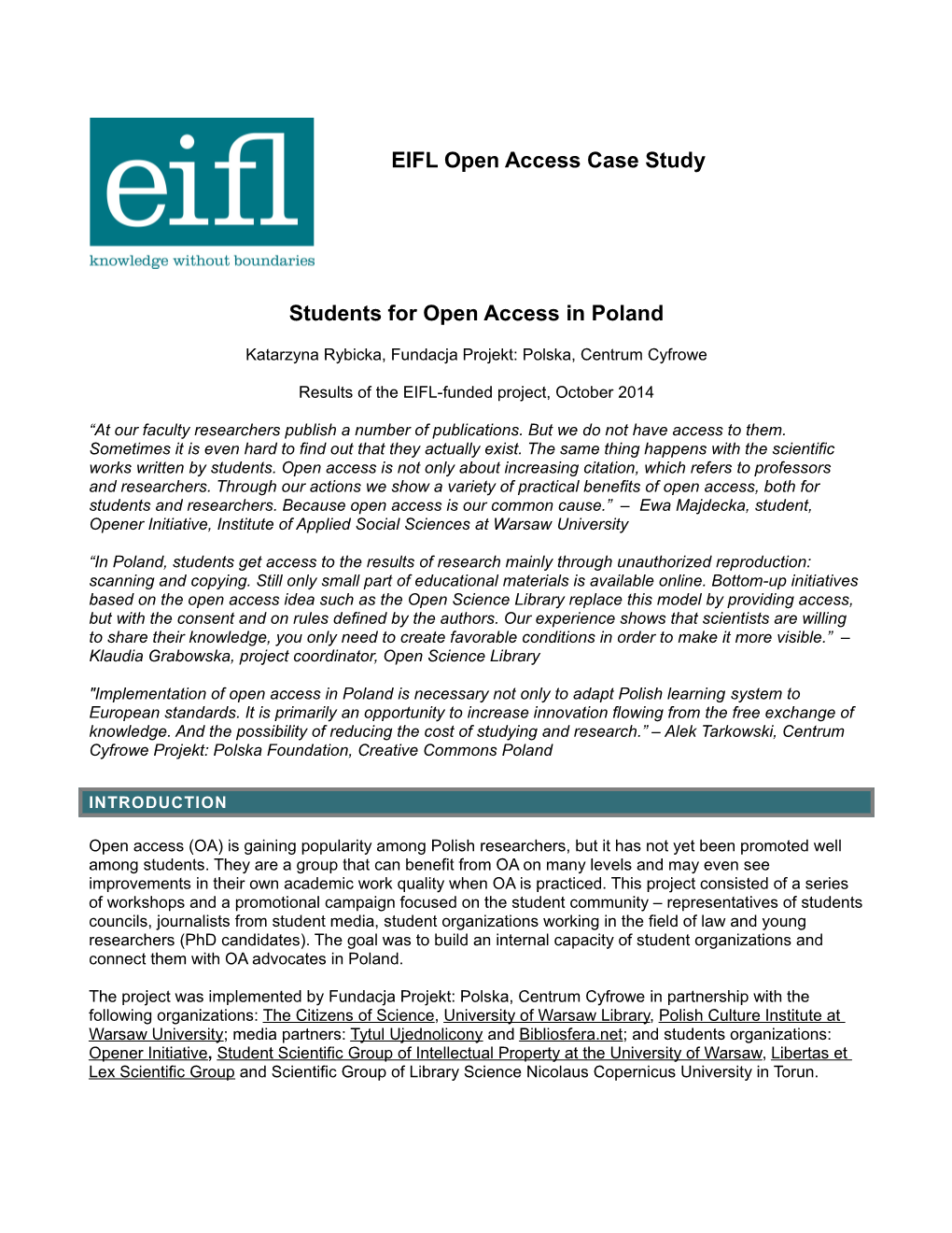 EIFL Open Access Case Study Students for Open Access in Poland