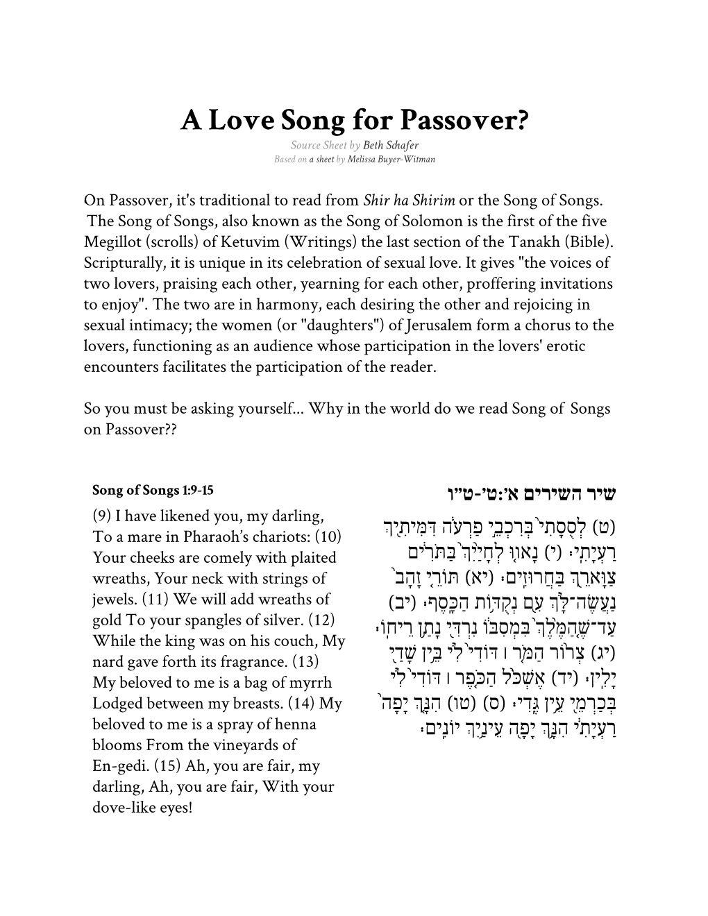 A Love Song for Passover? Source Sheet by Beth Schafer Based on a Sheet by Melissa Buyer-Witman