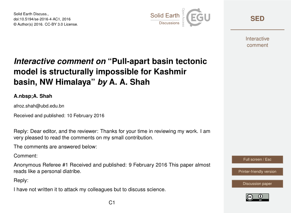 Pull-Apart Basin Tectonic Model Is Structurally Impossible for Kashmir Basin, NW Himalaya” by A