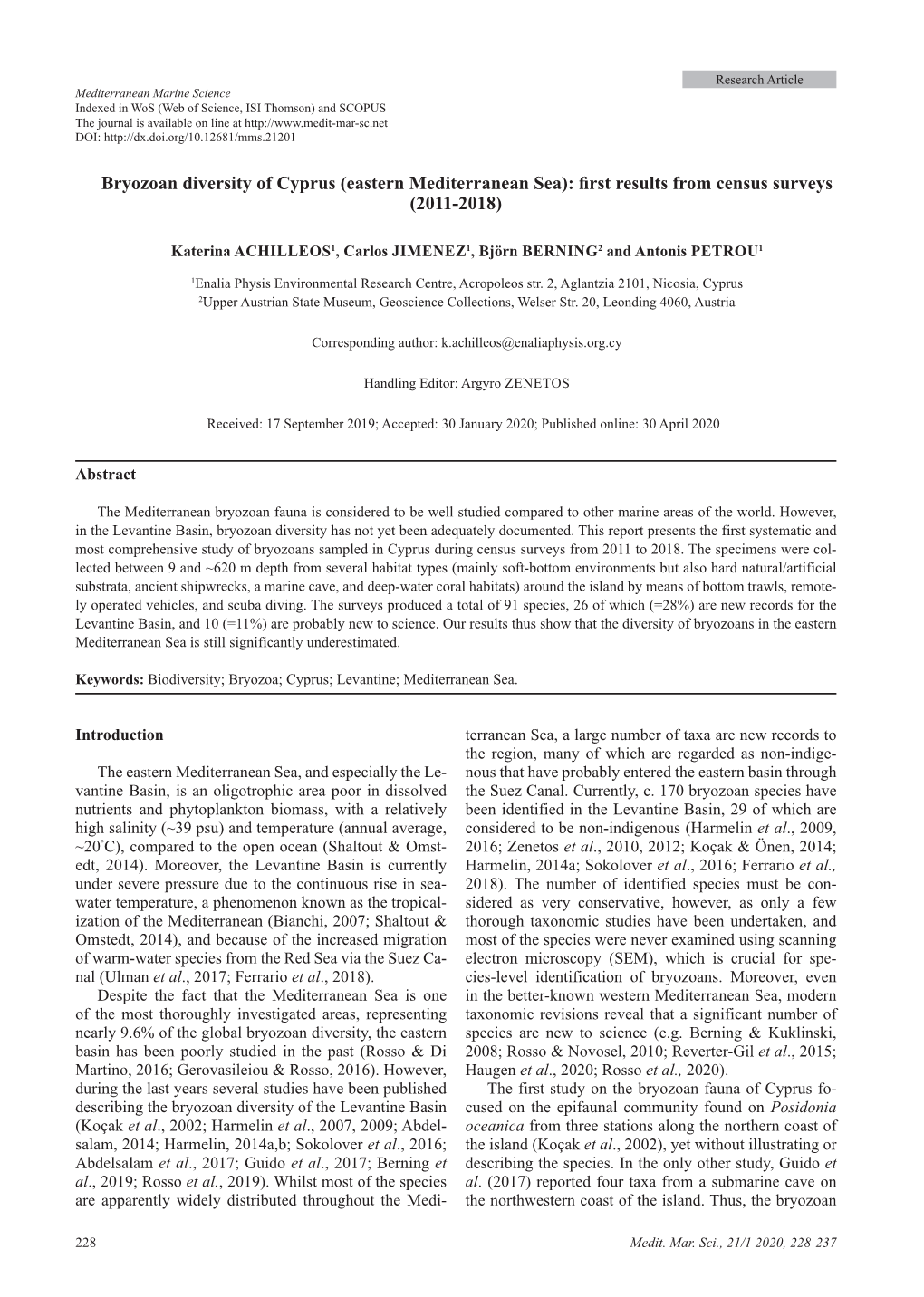 Bryozoan Diversity of Cyprus (Eastern Mediterranean Sea): First Esultsr from Census Surveys (2011-2018)