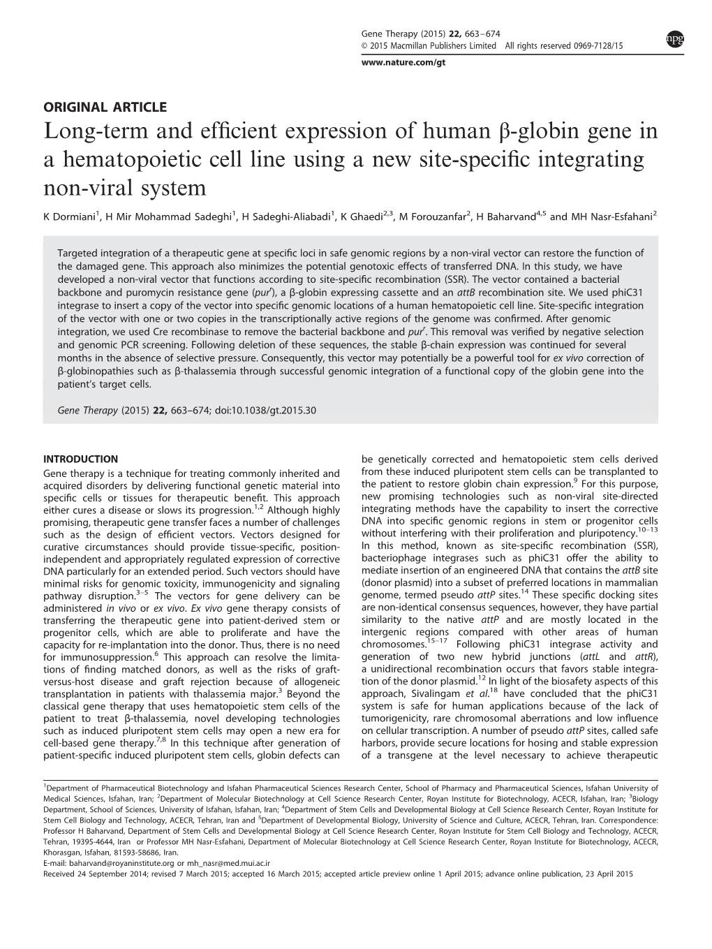 Globin Gene in a Hematopoietic Cell Line Using a New Site-Speciﬁc Integrating Non-Viral System