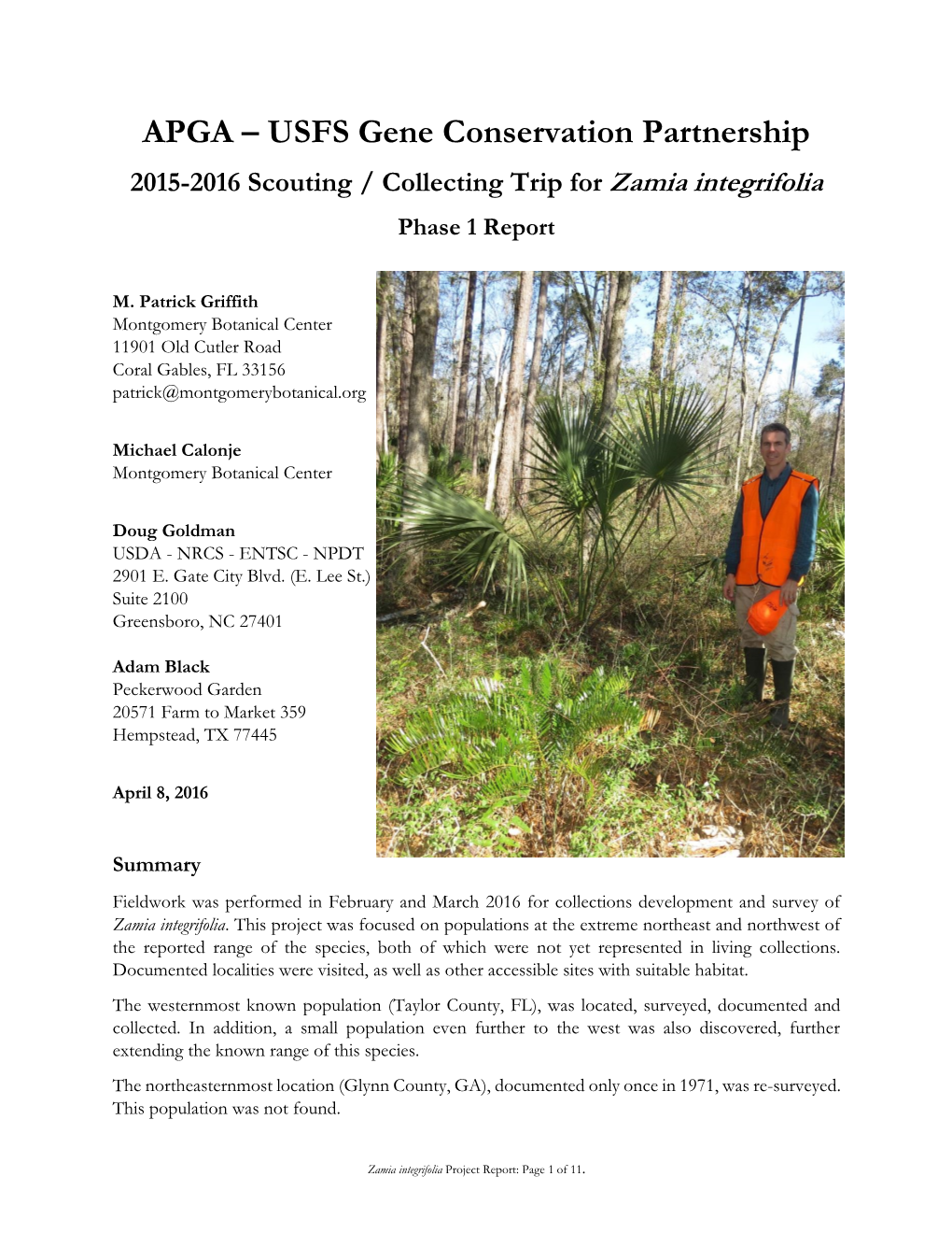 APGA – USFS Gene Conservation Partnership 2015-2016 Scouting / Collecting Trip for Zamia Integrifolia Phase 1 Report