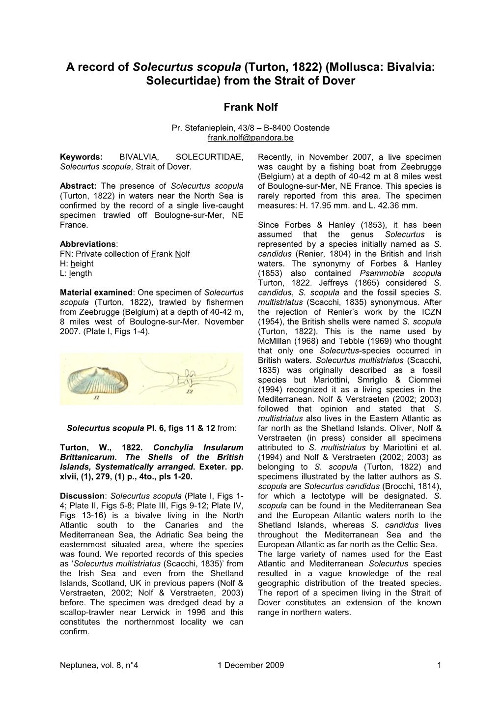 A Record of Solecurtus Scopula (Turton, 1822) (Mollusca: Bivalvia: Solecurtidae) from the Strait of Dover