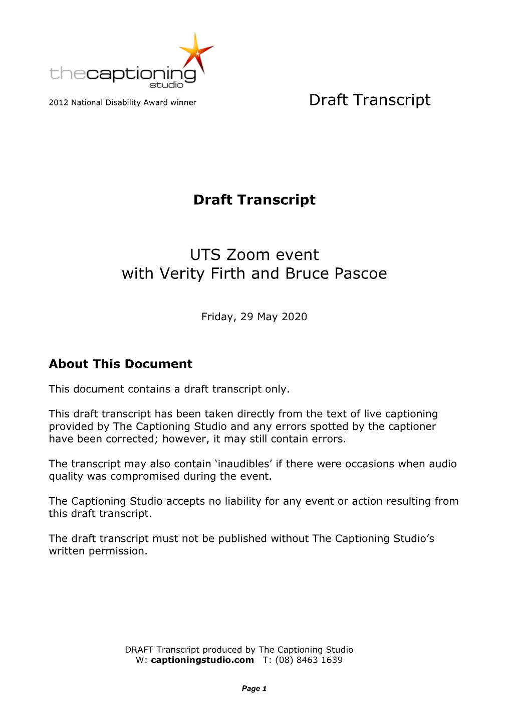 Draft Transcript UTS Zoom Event with Verity Firth and Bruce Pascoe