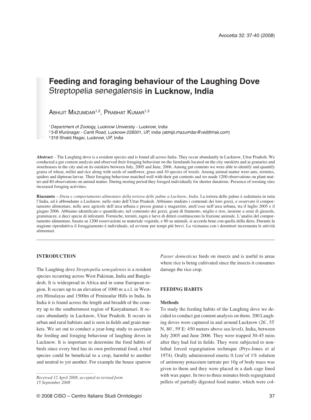 Feeding and Foraging Behaviour of the Laughing Dove Streptopelia Senegalensis in Lucknow, India