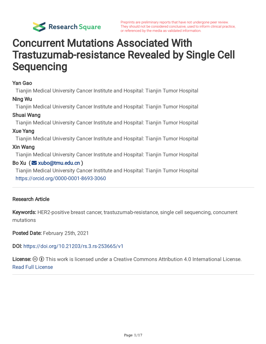 Concurrent Mutations Associated with Trastuzumab-Resistance Revealed by Single Cell Sequencing