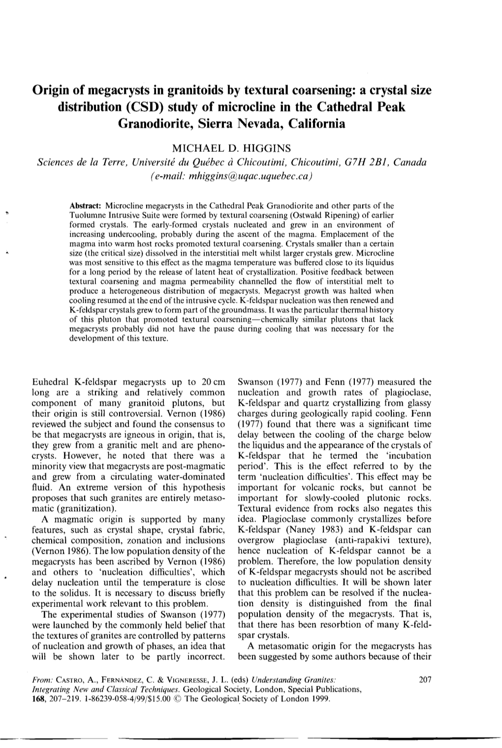 A Crystal Size Distribution (CSD) Study of Microcline in the Cathedral Peak Granodiorite, Sierra Nevada, California