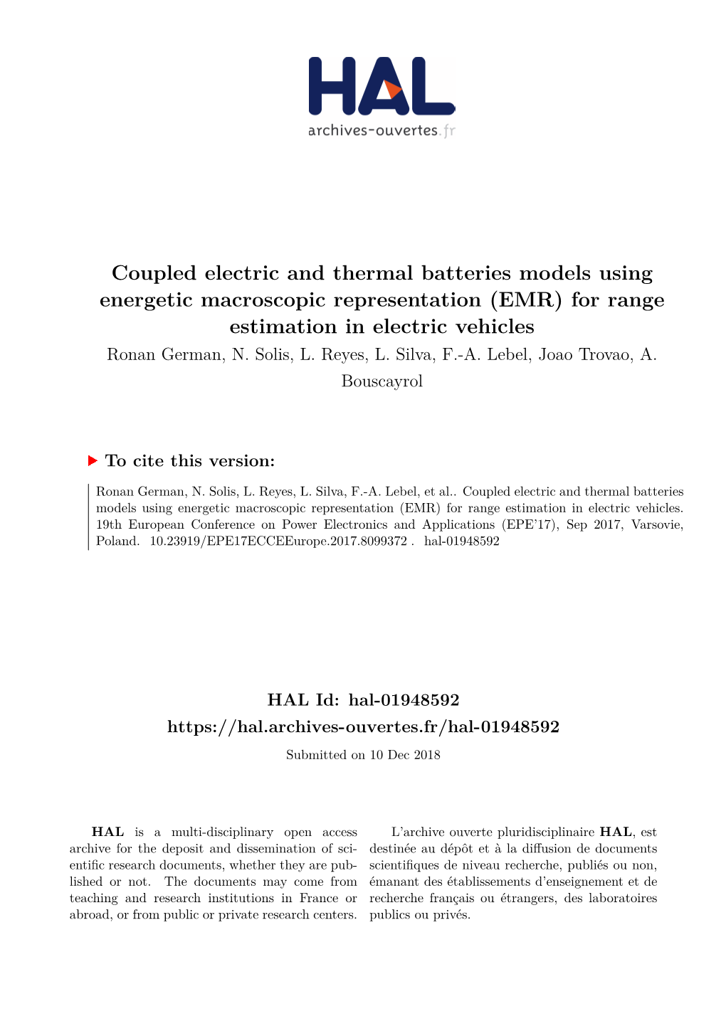 Coupled Electric and Thermal Batteries Models Using Energetic Macroscopic Representation (EMR) for Range Estimation in Electric Vehicles Ronan German, N