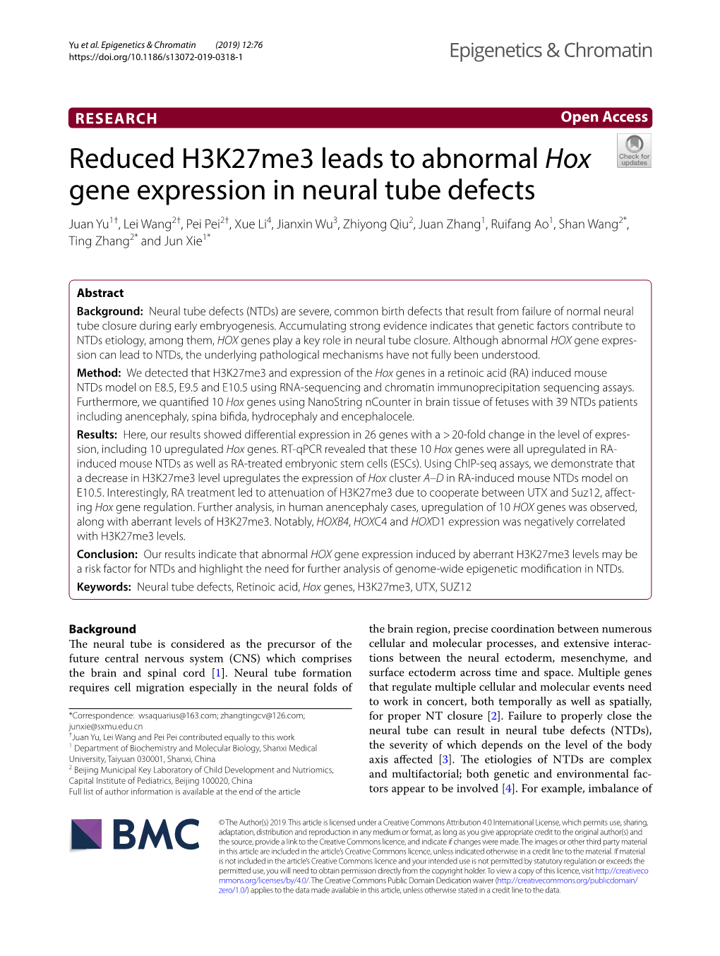 Reduced H3k27me3 Leads to Abnormal Hox Gene Expression In