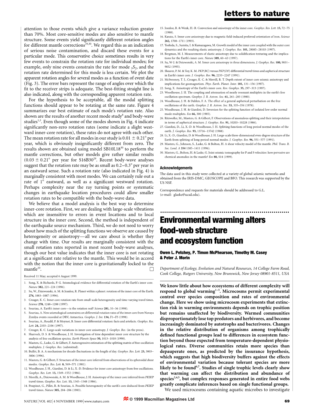 Environmental Warming Alters Food-Web Structure and Ecosystem