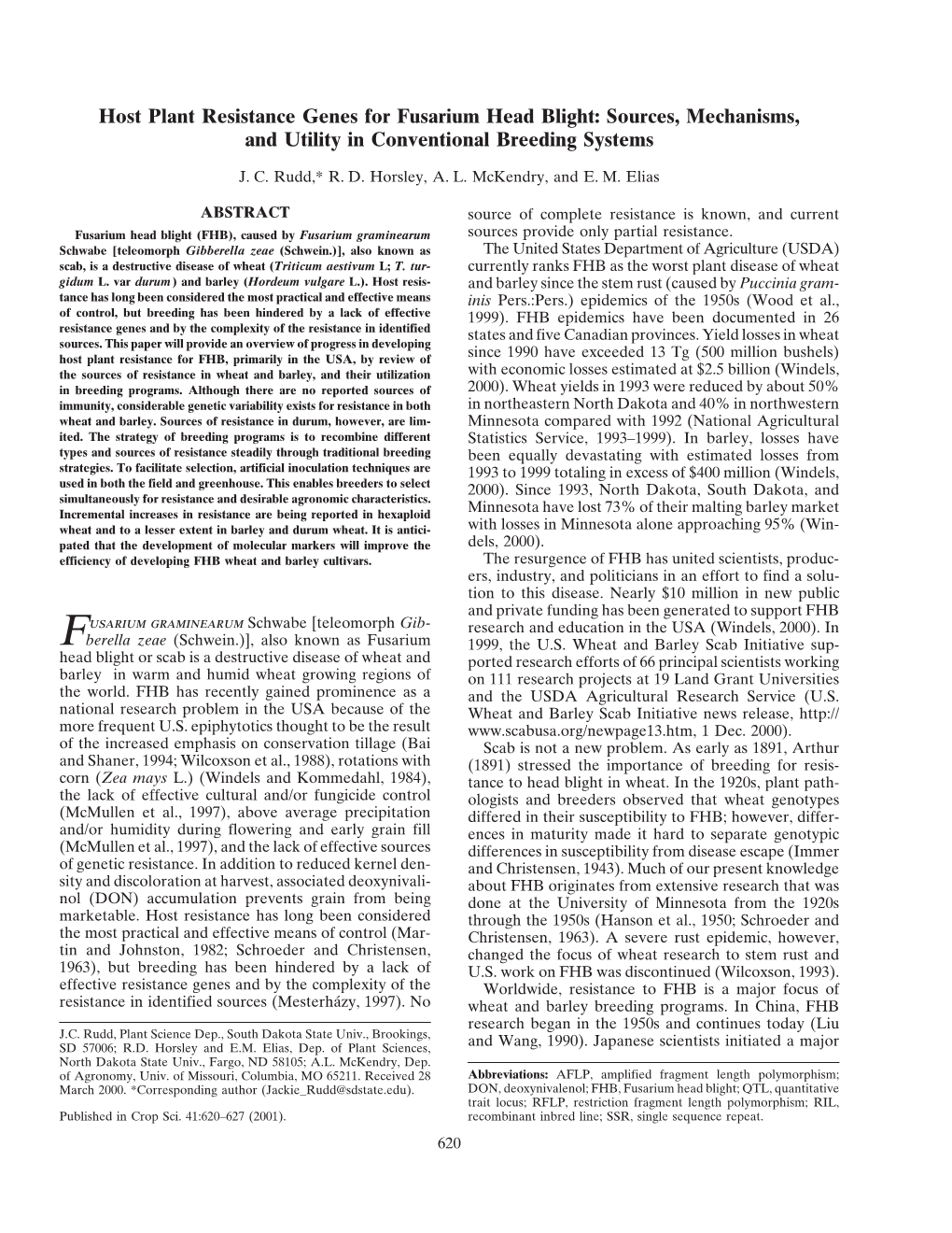 Host Plant Resistance Genes for Fusarium Head Blight: Sources, Mechanisms, and Utility in Conventional Breeding Systems