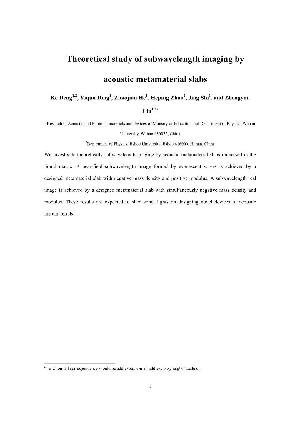 Theoretical Study of Subwavelength Imaging by Acoustic Metamaterial