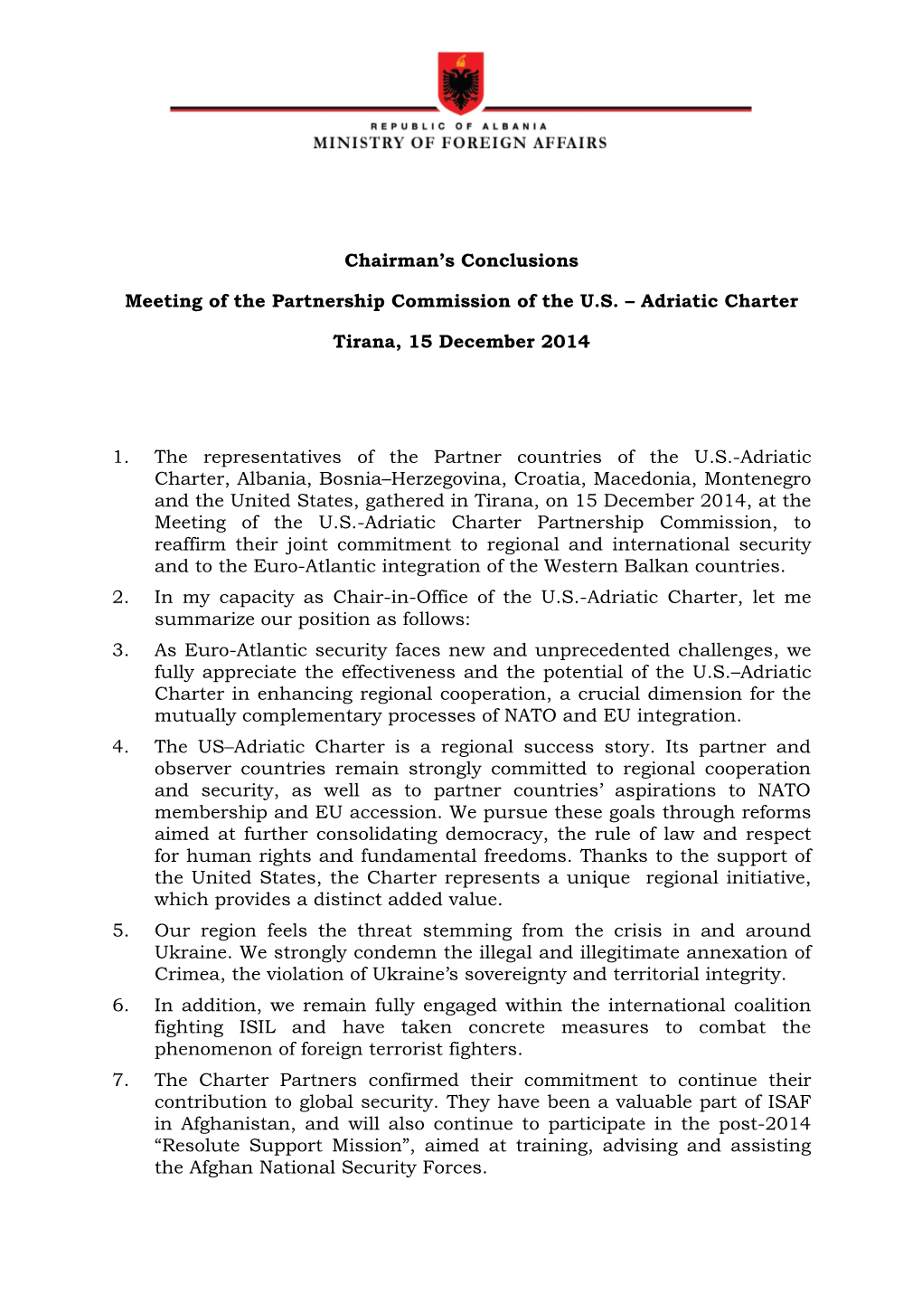 Chairman's Conclusions Meeting of the Partnership Commission of The