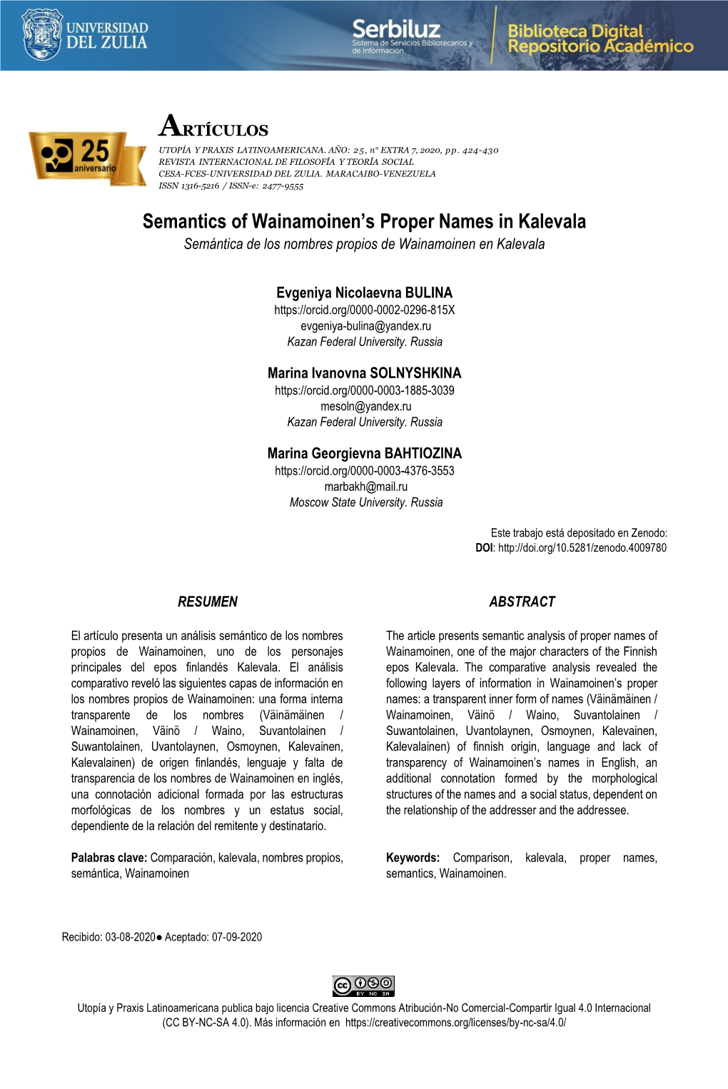 Semantics of Wainamoinen's Proper Names in Kalevala