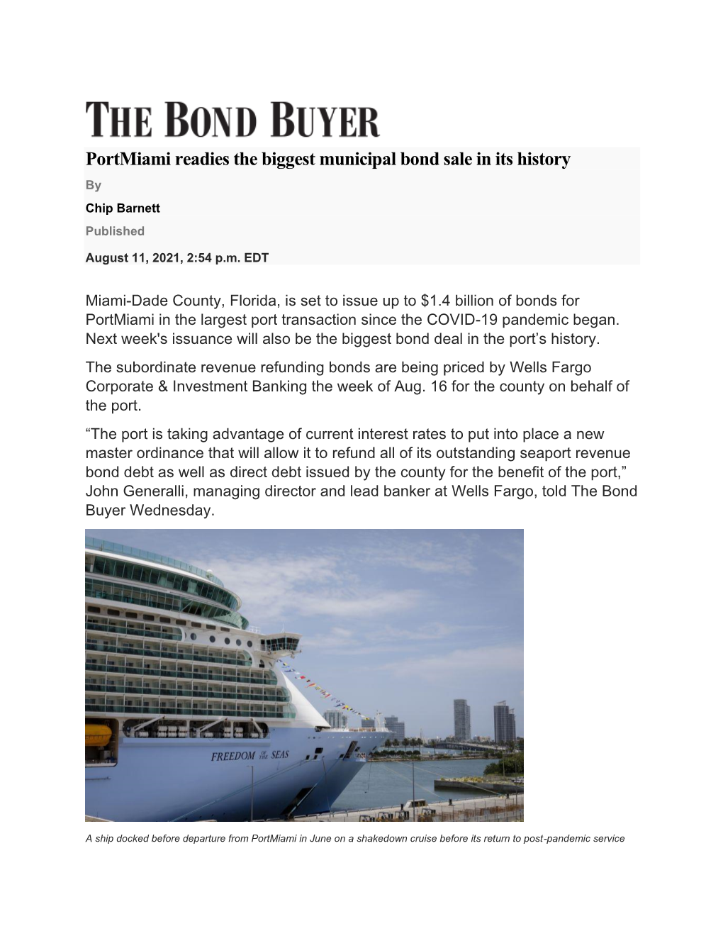 Portmiami Readies the Biggest Municipal Bond Sale in Its History by Chip Barnett Published