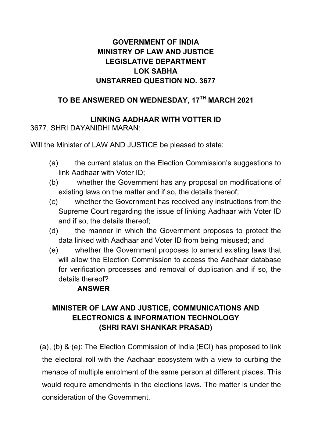 Government of India Ministry of Law and Justice Legislative Department Lok Sabha Unstarred Question No