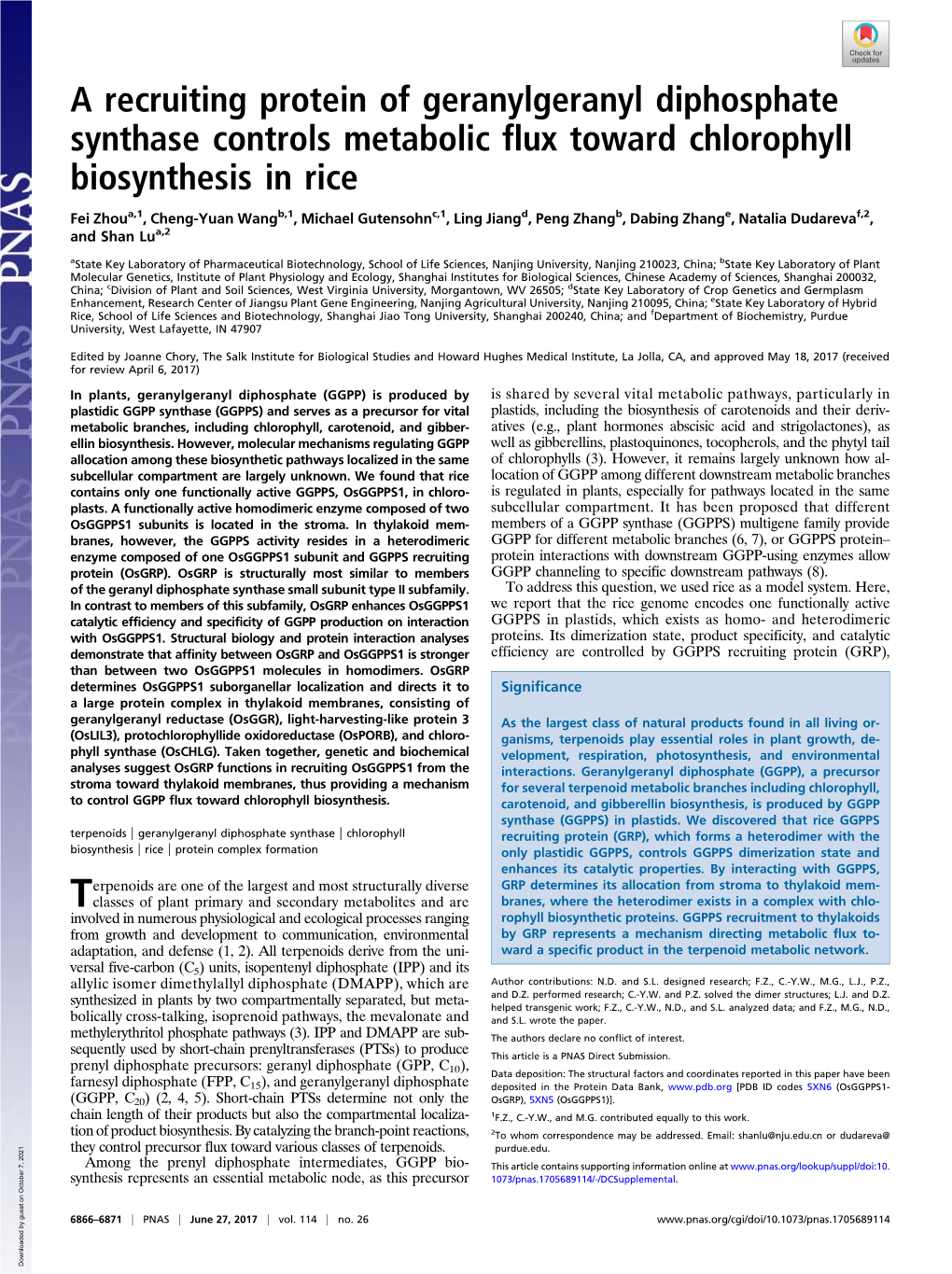 A Recruiting Protein of Geranylgeranyl Diphosphate Synthase Controls Metabolic Flux Toward Chlorophyll Biosynthesis in Rice