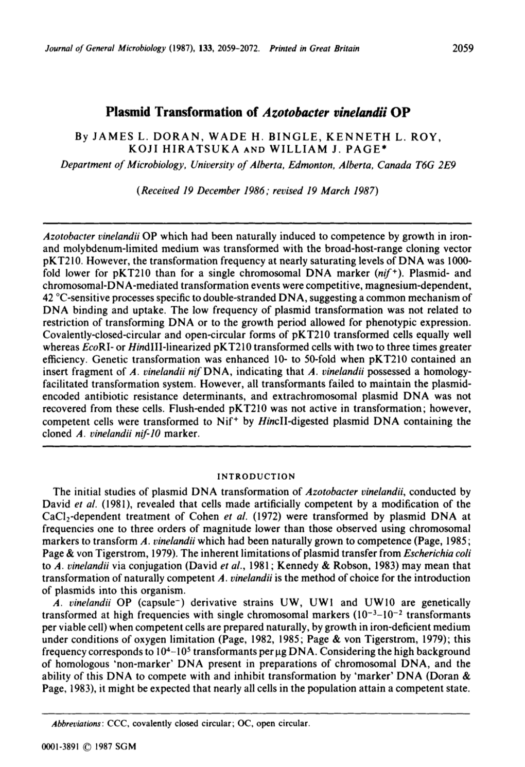 Plasmid Transformation of Azotobacter Vinelandii OP by JAMES L