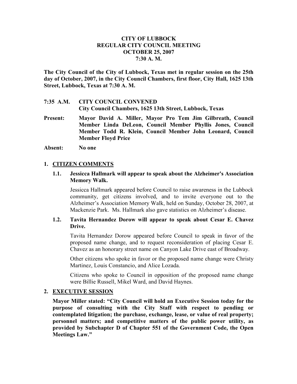 City of Lubbock Regular City Council Meeting October 25, 2007 7:30 A