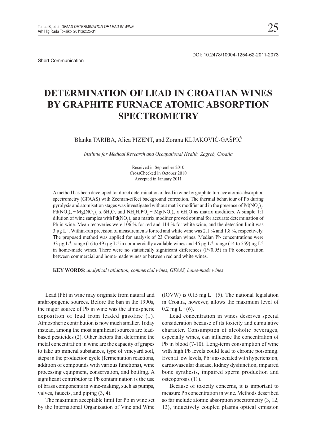 Determination of Lead in Croatian Wines by Graphite Furnace Atomic Absorption Spectrometry