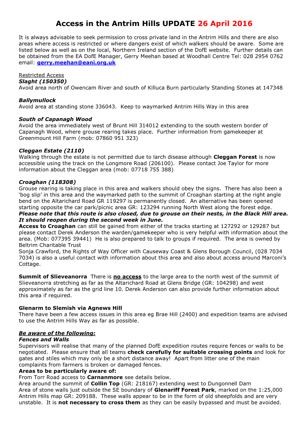 Access in the Antrim Hills UPDATE 26 April 2016