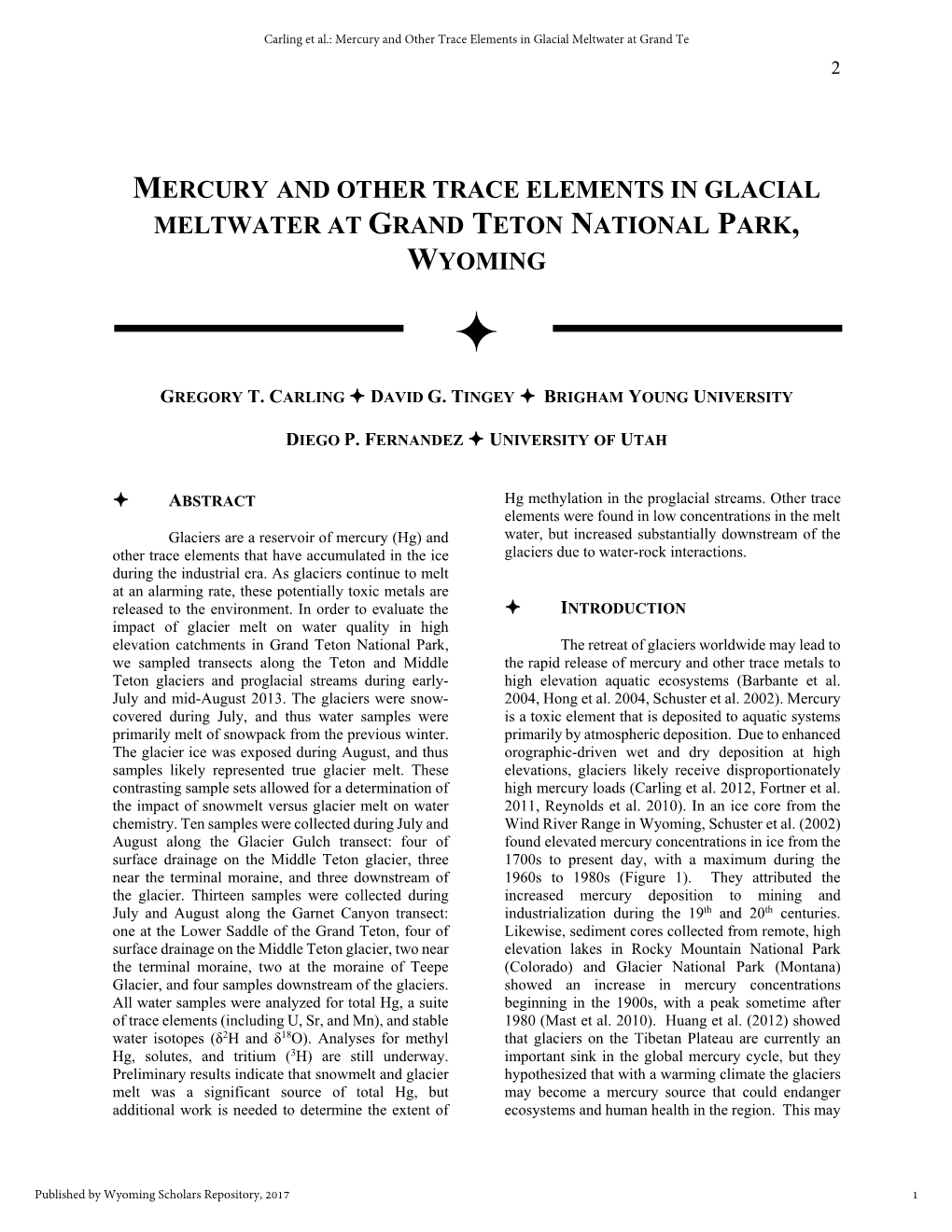 Mercury and Other Trace Elements in Glacial Meltwater at Grand Te 2