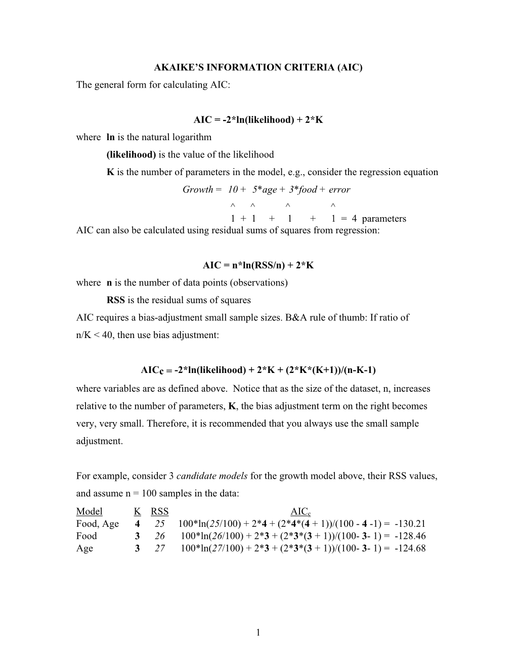 1 AKAIKE's INFORMATION CRITERIA (AIC) the General Form For