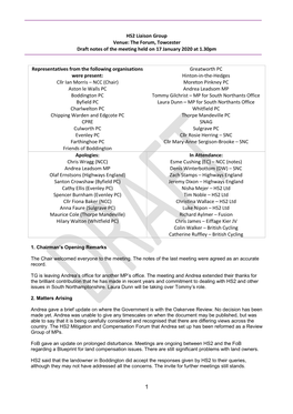 HS2 Liaison Group Venue: the Forum, Towcester Draft Notes of the Meeting Held on 17 January 2020 at 1.30Pm Representatives From