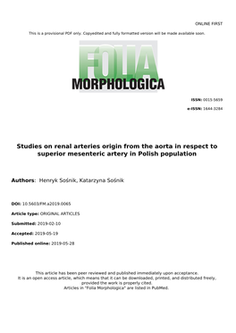 Studies on Renal Arteries Origin from the Aorta in Respect to Superior Mesenteric Artery in Polish Population