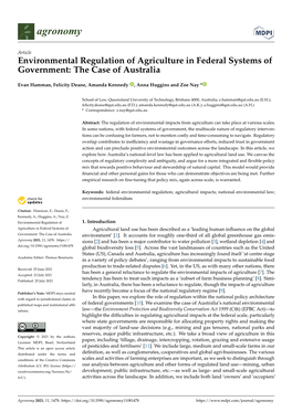 Environmental Regulation of Agriculture in Federal Systems of Government: the Case of Australia