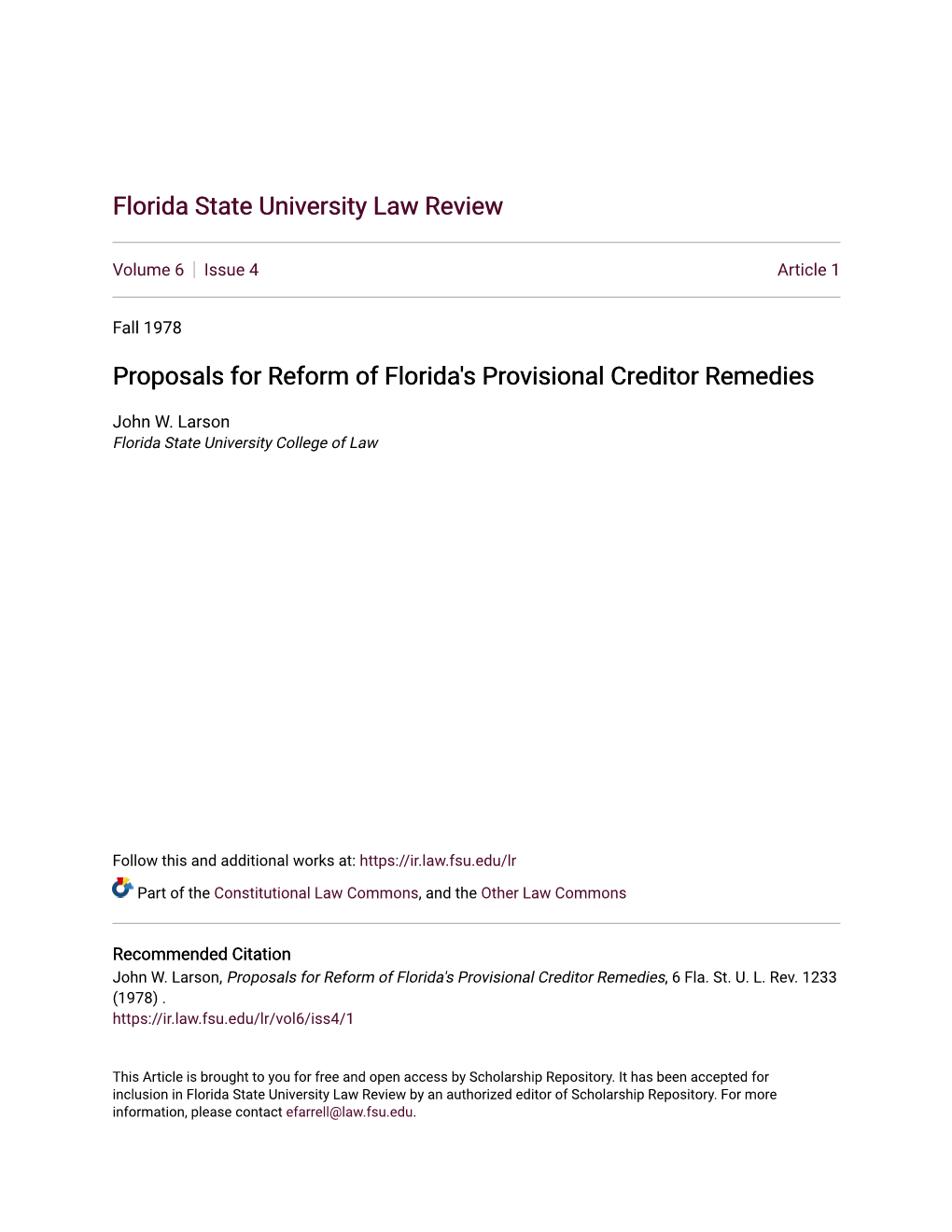 Proposals for Reform of Florida's Provisional Creditor Remedies