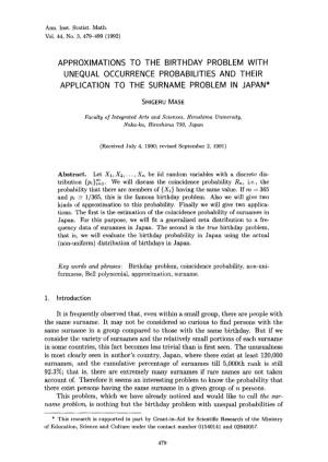Approximations to the Birthday Problem with Unequal Occurrence Probabilities and Their Application to the Surname Problem in Japan*