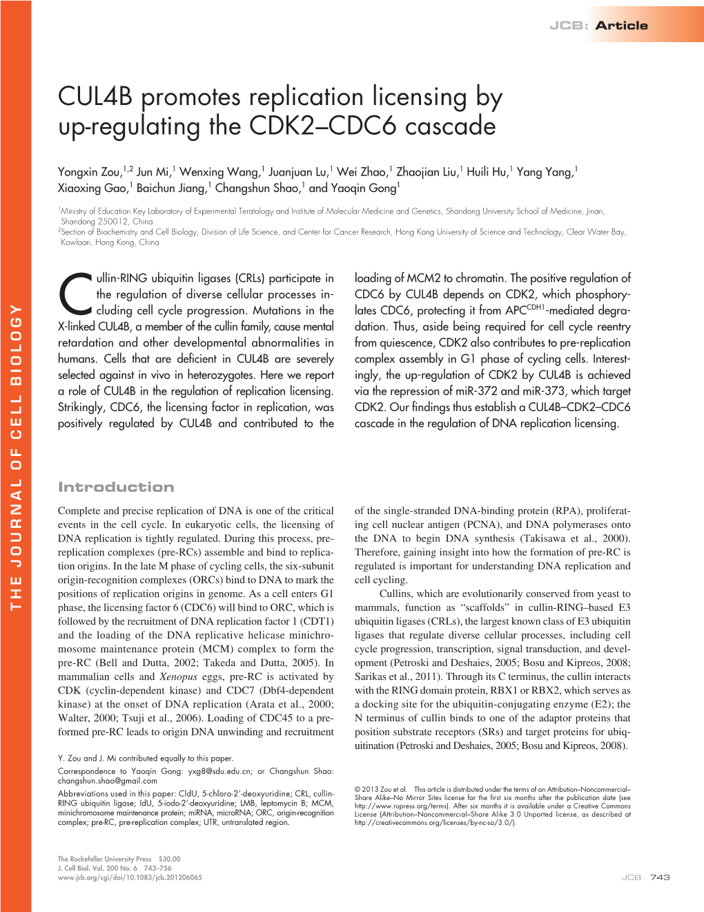 CUL4B Promotes Replication Licensing by Up-Regulating the CDK2–CDC6 Cascade