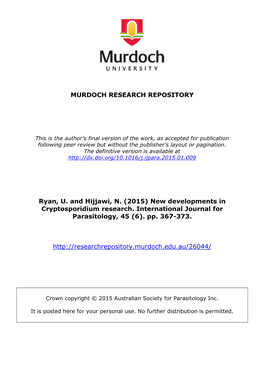 New Developments in Cryptosporidium Research